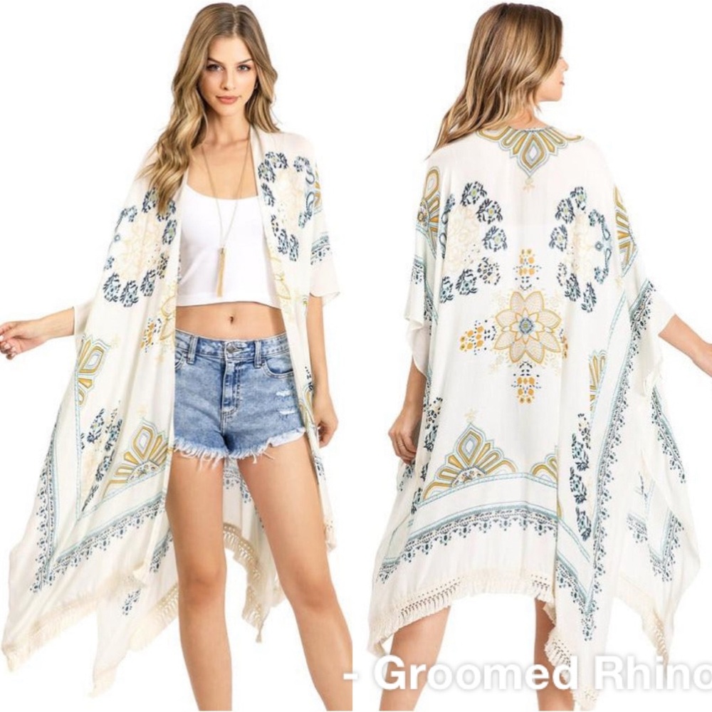 White and Blue Flowy Kimono Swim Coverup